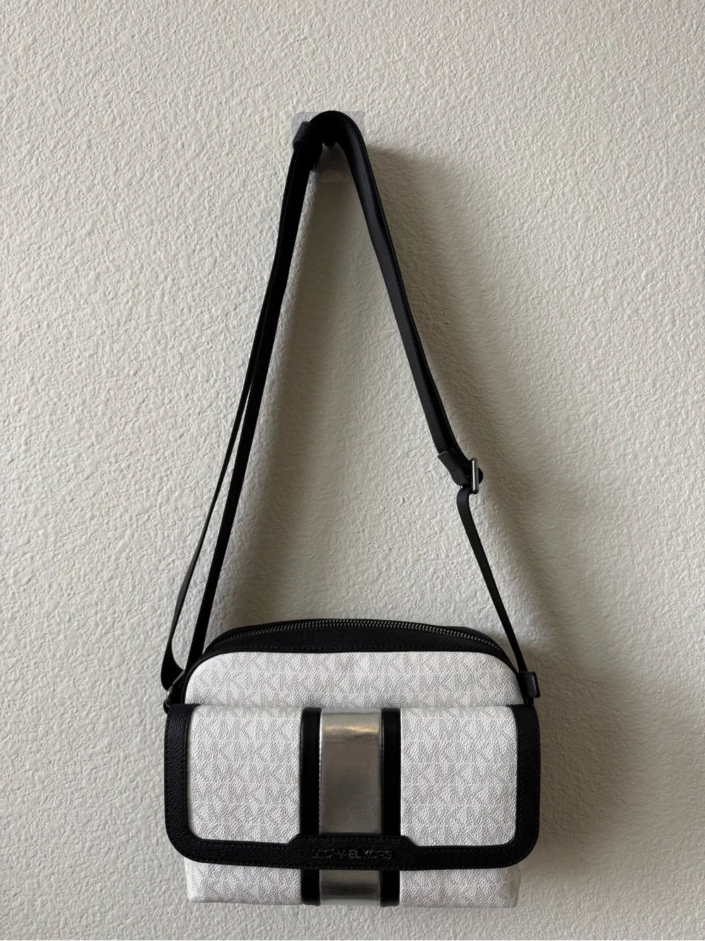 Michael Kors White Logo Crossbody with Black Trim and Silver Accent